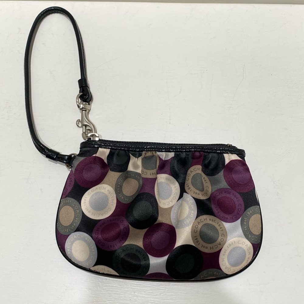 COACH Small Satin (Purple/ Black/ Cream)  “Circle” Print Wristlet